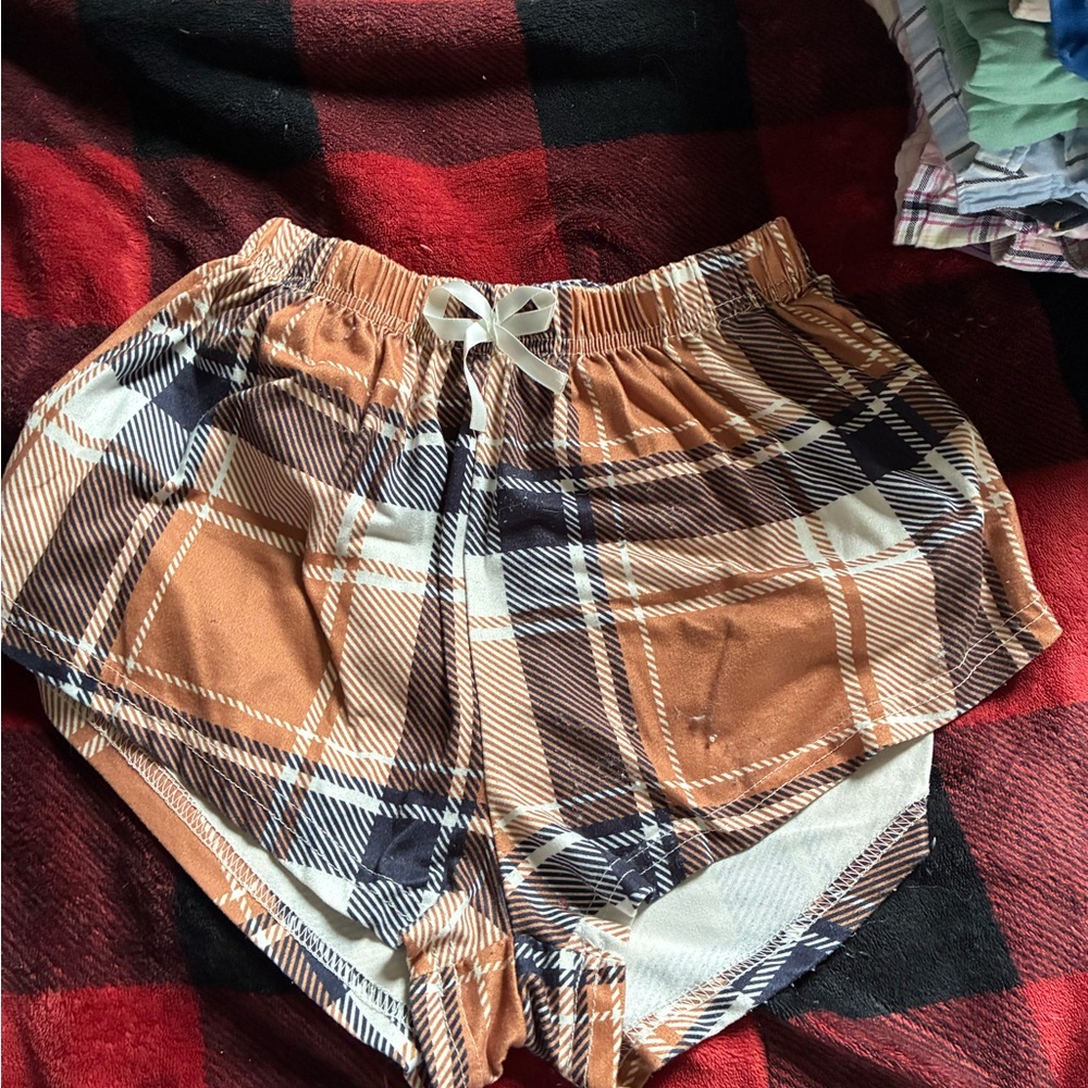 SHEIN Tan and Navy Plaid Athletic Shorts with Drawstring